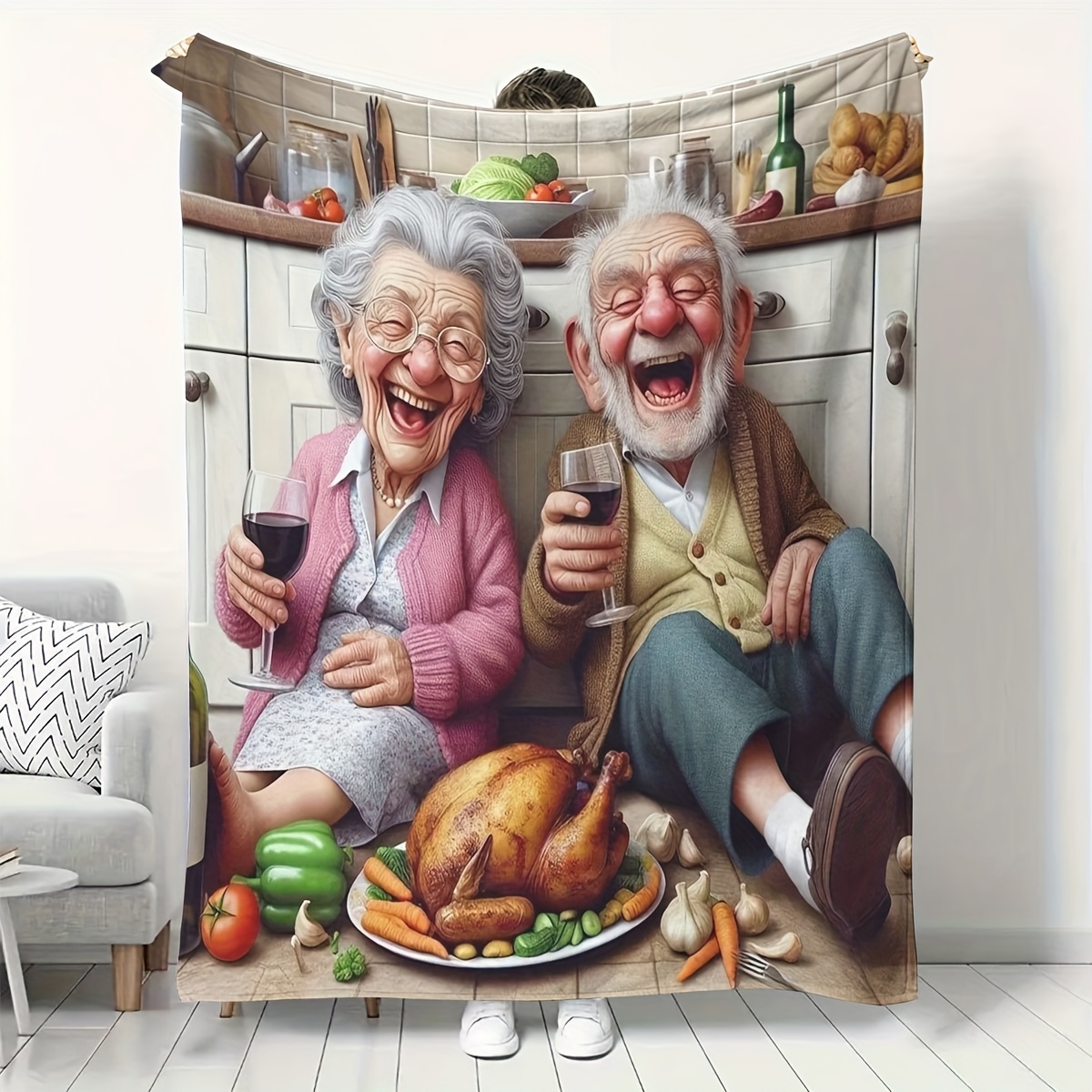 Home Textiles Turkey - Selimut Bermotif Pasangan Tua Kartun Lucu